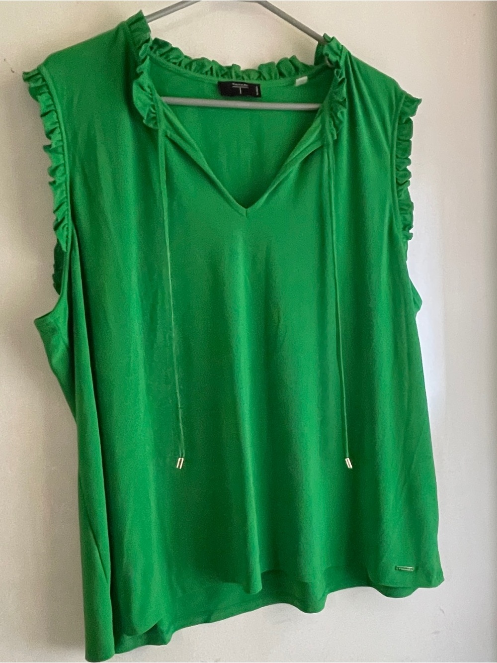 Tahari Bright Green V-Neck Ruffle Tank with Tie Detail